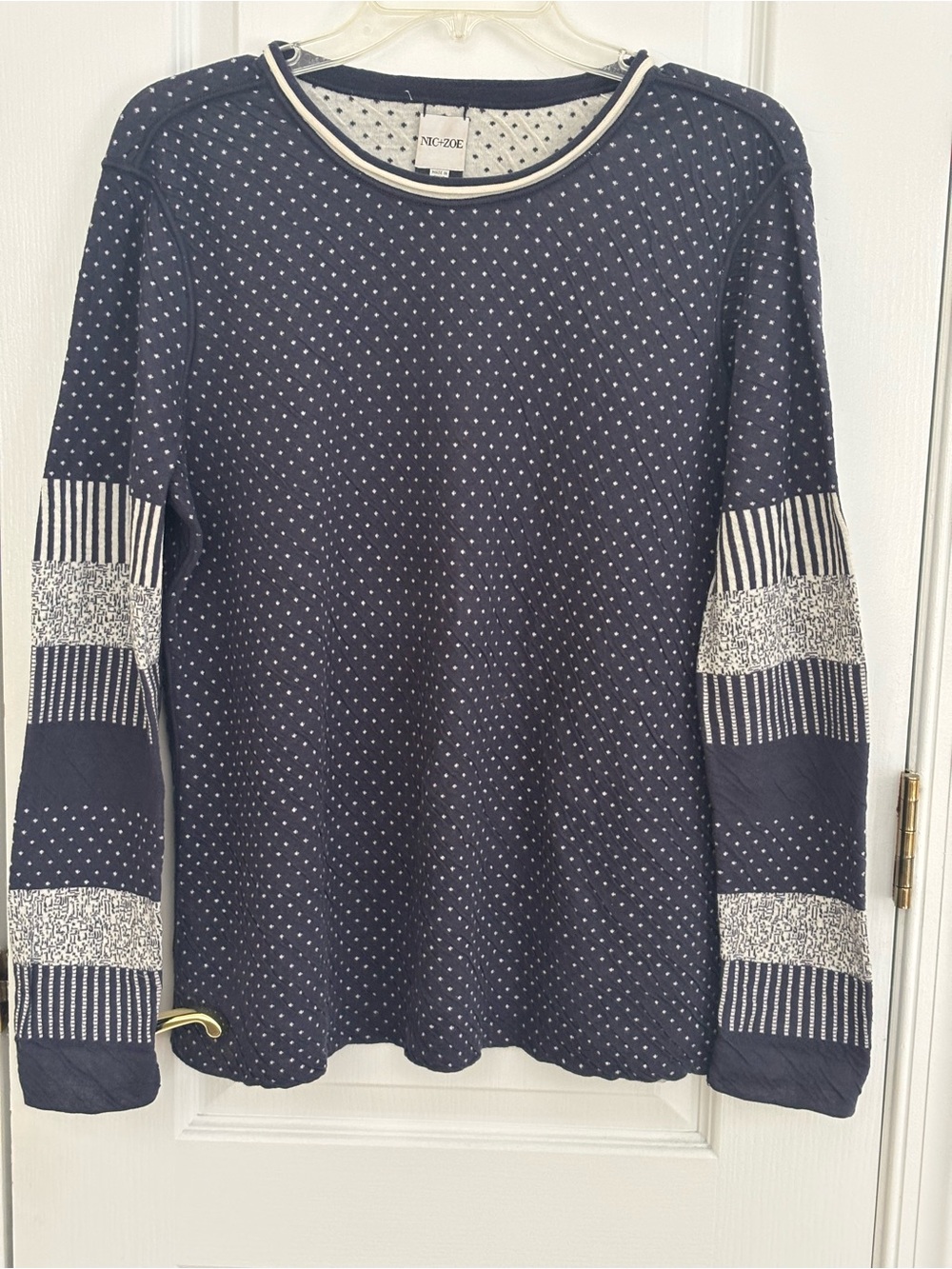 NIC+ZOE Navy and White Polka Dot Crewneck Sweater with Mixed Stripe Sleeves